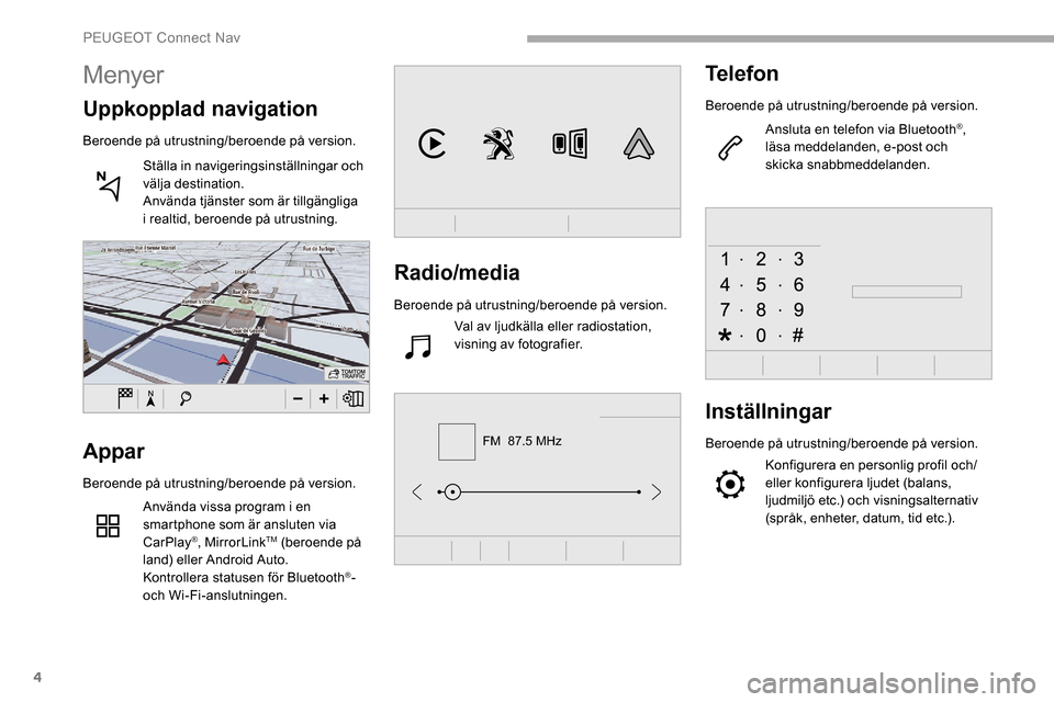 Peugeot Partner 2019 Ägarmanual (in Swedish) 4
FM 87.5 MHz
Radio/media
Beroende på utrustning/beroende på version.Val av ljudkälla eller radiostation,
visning av fotografier.
Telefon
Beroende på utrustning/beroende på version.
Ansluta en Peugeot Partner 2019 Ägarmanual (in Swedish) 4
FM 87.5 MHz
Radio/media
Beroende på utrustning/beroende på version.Val av ljudkälla eller radiostation,
visning av fotografier.
Telefon
Beroende på utrustning/beroende på version.
Ansluta en