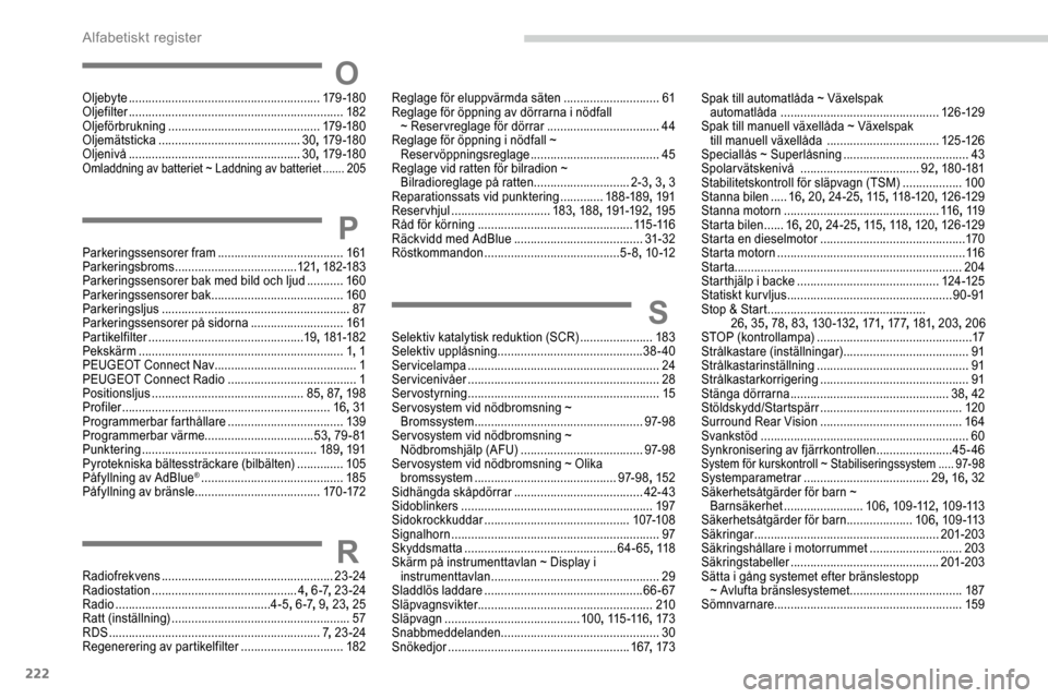 Peugeot Partner 2019  Ägarmanual (in Swedish) 222
OOljebyte .......................................................... 179 -18 0
Oljefilter  ................................................................. 182
Oljeförbrukning
 

...............