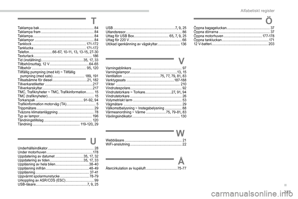Peugeot Partner 2019 Ägarmanual (in Swedish) 223
TTaklampa bak .......................................................... 84
Taklampa fram ........................................................ 84
Taklampa
................................. Peugeot Partner 2019 Ägarmanual (in Swedish) 223
TTaklampa bak .......................................................... 84
Taklampa fram ........................................................ 84
Taklampa
.................................