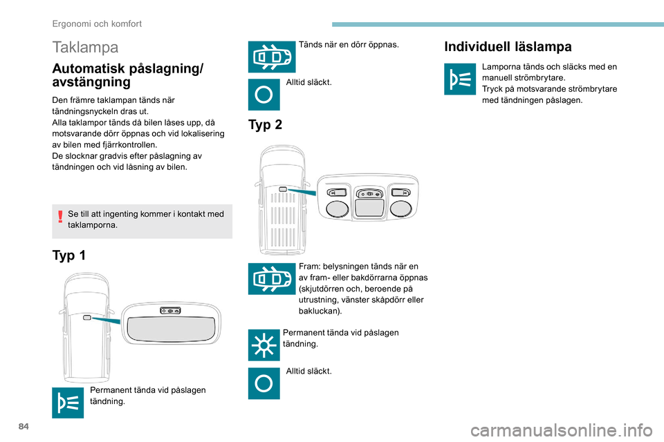 Peugeot Partner 2019 Ägarmanual (in Swedish) 84
Taklampa
Automatisk påslagning/
avstängningIndividuell läslampaLamporna tänds och släcks med en
manuell strömbrytare.
Tryck på motsvarande strömbrytare
med tändningen påslagen.
Den frä Peugeot Partner 2019 Ägarmanual (in Swedish) 84
Taklampa
Automatisk påslagning/
avstängningIndividuell läslampaLamporna tänds och släcks med en
manuell strömbrytare.
Tryck på motsvarande strömbrytare
med tändningen påslagen.
Den frä