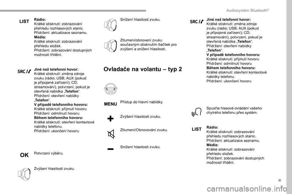 Peugeot Partner 2019 Návod k obsluze (in Czech) 3
Rádio:
Krátké stisknutí: zobrazování
přehledu rozhlasových stanic.
Přidržení: aktualizace seznamu.
Média:
Krátké stisknutí: zobrazování
přehledu složek.
Přidržení: zobrazová Peugeot Partner 2019 Návod k obsluze (in Czech) 3
Rádio:
Krátké stisknutí: zobrazování
přehledu rozhlasových stanic.
Přidržení: aktualizace seznamu.
Média:
Krátké stisknutí: zobrazování
přehledu složek.
Přidržení: zobrazová