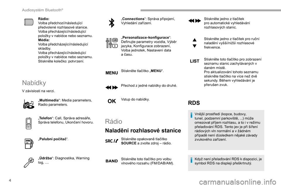 Peugeot Partner 2019 Návod k obsluze (in Czech) 4
Rádio:
Volba předchozí/následující
předvolené rozhlasové stanice.
Volba přecházející/následující
položky v nabídce nebo seznamu.
Média:
Volba předcházející/následující
s Peugeot Partner 2019 Návod k obsluze (in Czech) 4
Rádio:
Volba předchozí/následující
předvolené rozhlasové stanice.
Volba přecházející/následující
položky v nabídce nebo seznamu.
Média:
Volba předcházející/následující
s