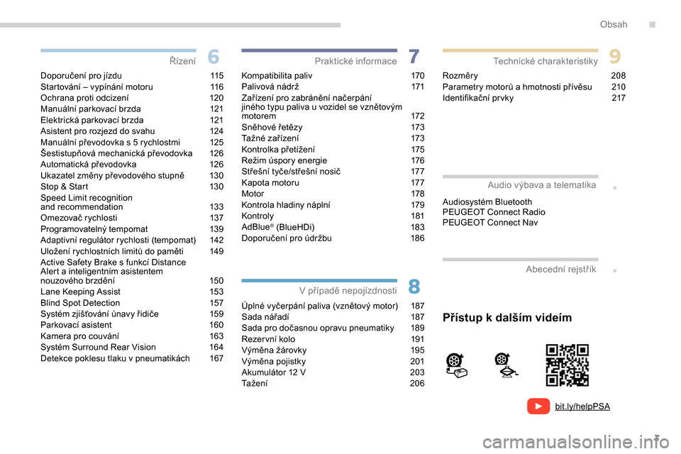 Peugeot Partner 2019  Návod k obsluze (in Czech) 3
bit.ly/helpPSA
.
.
Doporučení pro jízdu 115
Startování – vypínání motoru  1 16
Ochrana proti odcizení
 
1
 20
Manuální parkovací brzda
 
1
 21
Elektrická parkovací brzda
 
1
 21
Asis