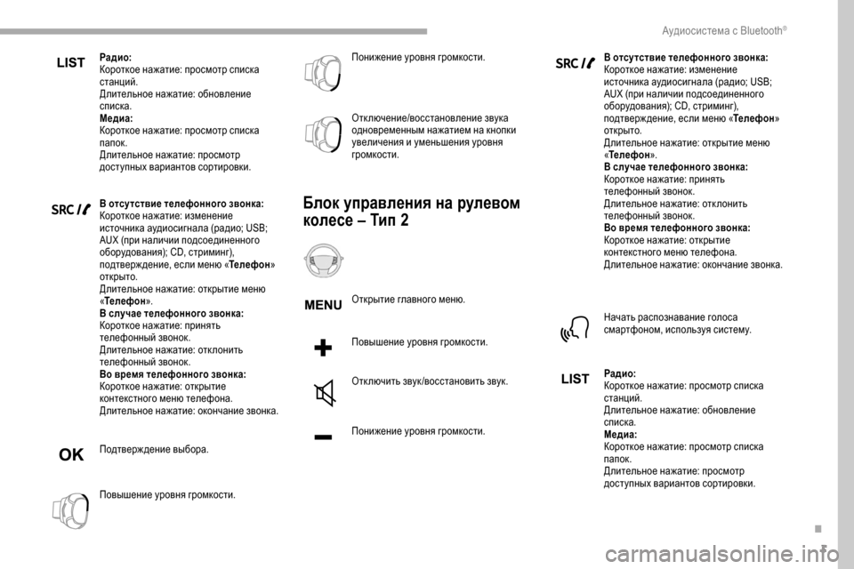 Peugeot Partner 2019 Инструкция по эксплуатации (in Russian) 3
Ра дио:
Короткое нажатие: просмотр списка
станций.
Длительное нажатие: обновление
списка.
Медиа:
Короткое н Peugeot Partner 2019 Инструкция по эксплуатации (in Russian) 3
Ра дио:
Короткое нажатие: просмотр списка
станций.
Длительное нажатие: обновление
списка.
Медиа:
Короткое н