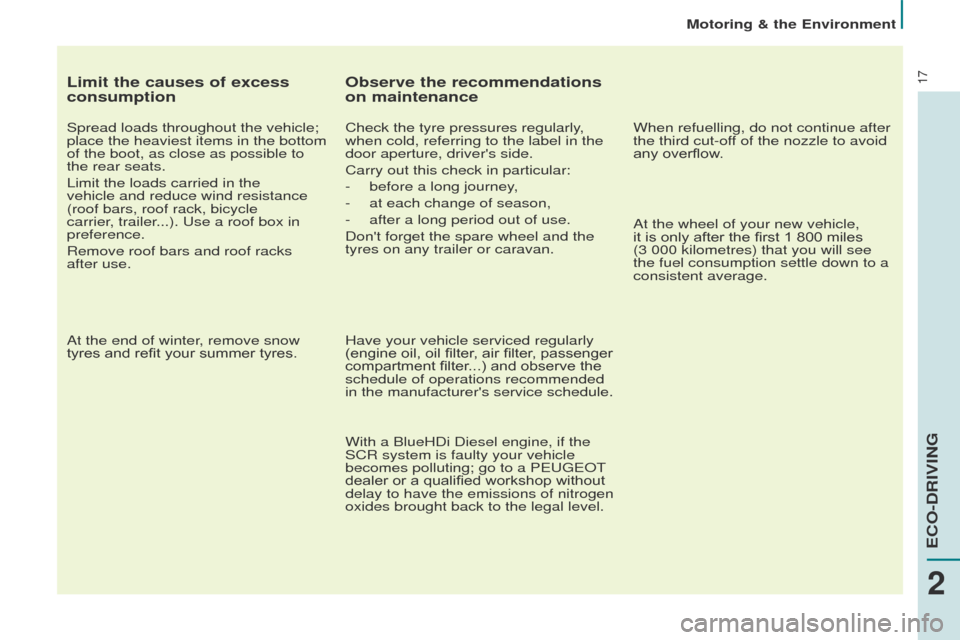 Peugeot Partner 2017  Owners Manual 17
Motoring & the Environment
Partner-2-VU_en_Chap02_eco-conduite_ed02-2016
Limit the causes of excess 
consumption
Spread loads throughout the vehicle; 
place the heaviest items in the bottom 
of the