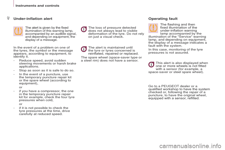 Peugeot Partner 2017  Owners Manual 42
Partner-2-VU_en_Chap03_Pret-a-partir_ed02-2016
Instruments and controlsThe alert is maintained until 
the tyre or tyres concerned is 
reinflated, repaired or replaced.
The spare wheel (space-saver 