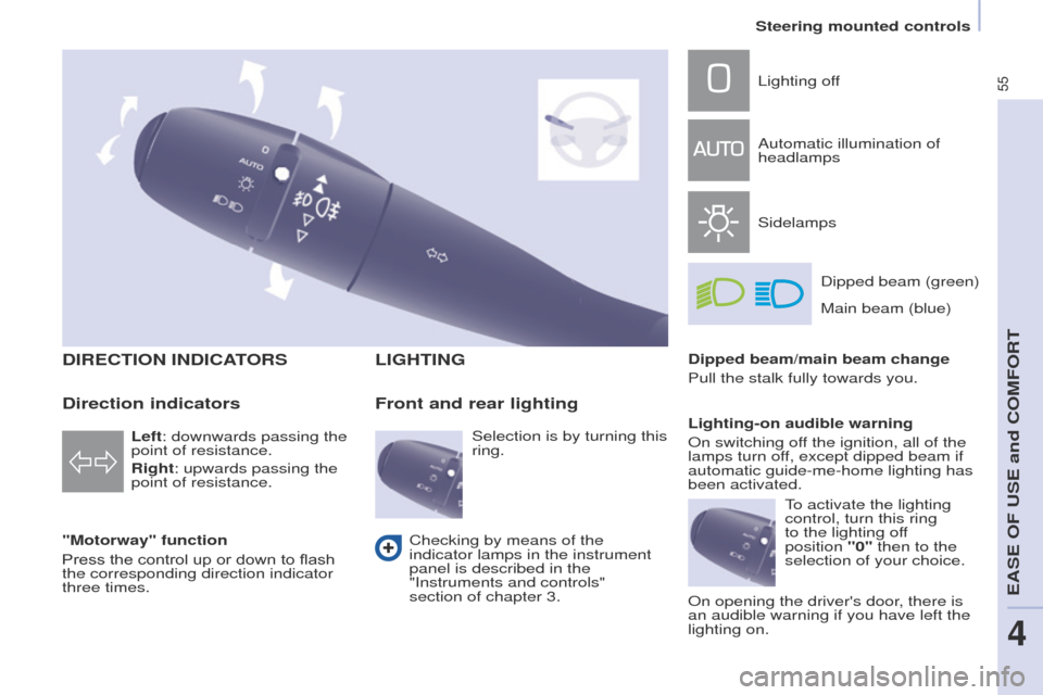 Peugeot Partner 2017  Owners Manual 55
Partner-2-VU_en_Chap04_Ergonomie_ed02-2016
DIRECTION INDICATORS
"Motorway" function
Press the control up or down to flash 
the corresponding direction indicator 
three times.
LIGHTING
Left: downwar