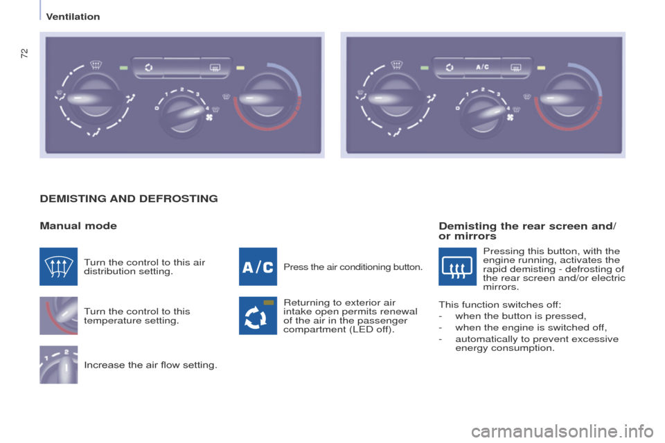 Peugeot Partner 2017 Manual PDF 72
Partner-2-VU_en_Chap04_Ergonomie_ed02-2016
DEMISTING AND DEFROSTING
Manual mode
Turn the control to this 
temperature setting.
Increase the air flow setting.
Press the air conditioning button.
Retu