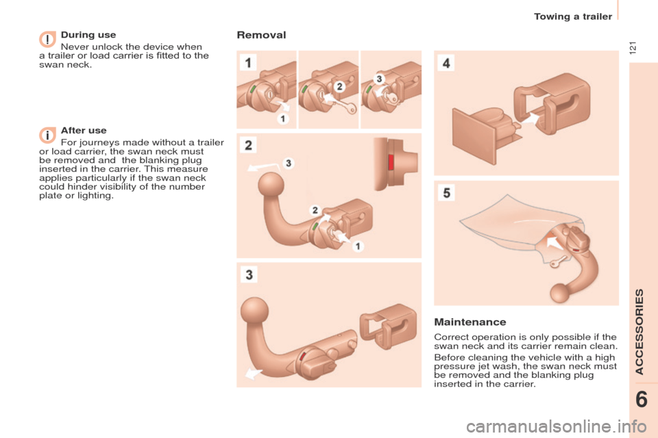 Peugeot Partner 2017  Owners Manual - RHD (UK, Australia)  121
Towing a trailer
Partner-2-VU_en_Chap06_Accessoire_ed02-2016
During use
Never unlock the device when 
a trailer or load carrier is fitted to the 
swan neck.
After use
For journeys made without a 