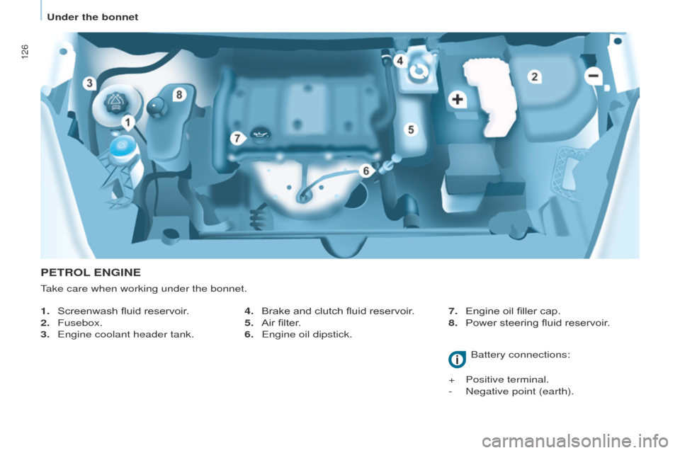 Peugeot Partner 2017  Owners Manual - RHD (UK, Australia) 126
Partner-2-VU_en_Chap07_Verification_ed02-2016
PETROL ENGINE
1. Screenwash fluid reservoir .
2.  
Fusebox.
3.

 
Engine coolant header tank. Battery connections:
+

 
Positive terminal.
-

 
Negati