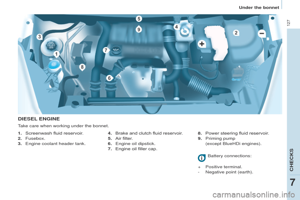Peugeot Partner 2017  Owners Manual - RHD (UK, Australia) 127
Partner-2-VU_en_Chap07_Verification_ed02-2016
DIESEL ENGINE
4. Brake and clutch fluid reservoir .
5.  
Air filter
 .
6.
 
Engine oil dipstick.
7.

 
Engine oil filler cap. 8.

 Power steering flui