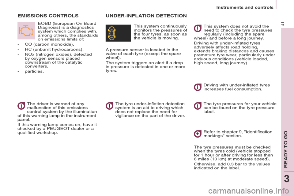 Peugeot Partner 2017  Owners Manual - RHD (UK, Australia) 41
Partner-2-VU_en_Chap03_Pret-a-partir_ed02-2016
Instruments and controls
UNDER-INFLATION DETECTIONE
MISSIONS
 
CONTROLS
This system continuously 
monitors the pressures of 
the four tyres, as soon a