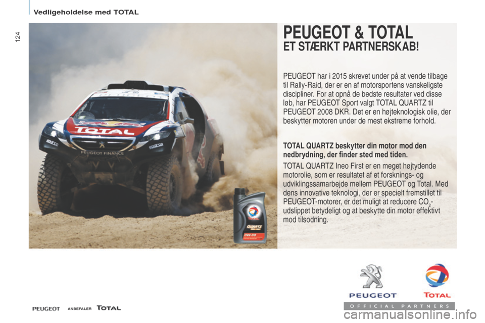 Peugeot Partner 2017 Instruktionsbog (in Danish) 124
Partner-2-VU_da_Chap07_Verification_ed02-2016
PEUGEOT & TOTAL
ET STÆRKT PARTNERSKAB!
Peugeot har i 2015 skrevet under på at vende tilbage
til Rally-Raid, der er en af motorsportens vanskeligste Peugeot Partner 2017 Instruktionsbog (in Danish) 124
Partner-2-VU_da_Chap07_Verification_ed02-2016
PEUGEOT & TOTAL
ET STÆRKT PARTNERSKAB!
Peugeot har i 2015 skrevet under på at vende tilbage
til Rally-Raid, der er en af motorsportens vanskeligste