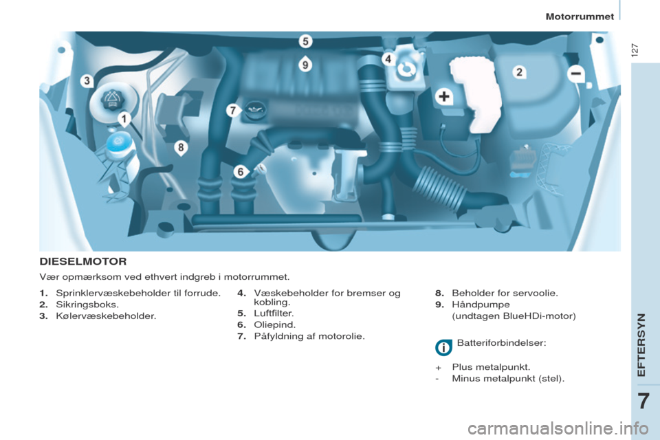 Peugeot Partner 2017 Instruktionsbog (in Danish) 127
Partner-2-VU_da_Chap07_Verification_ed02-2016
DIESELMOTOR
4. Væskebeholder for bremser og
kobling.
5.
Luftfilter
.
6.
o liepind.
7.
Påfyldning af motorolie. 8.
Beholder for servoolie.
9 Peugeot Partner 2017 Instruktionsbog (in Danish) 127
Partner-2-VU_da_Chap07_Verification_ed02-2016
DIESELMOTOR
4. Væskebeholder for bremser og
kobling.
5.
Luftfilter
.
6.
o liepind.
7.
Påfyldning af motorolie. 8.
Beholder for servoolie.
9
