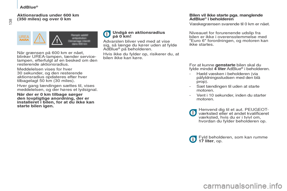 Peugeot Partner 2017 Instruktionsbog (in Danish) 138
Partner-2-VU_da_Chap07_Verification_ed02-2016
AdBlue®
Når grænsen på 600 km er nået,
blinker u R e A-lampen, tænder service-
lampen, efterfulgt af en besked om den
resterende aktionsradius Peugeot Partner 2017 Instruktionsbog (in Danish) 138
Partner-2-VU_da_Chap07_Verification_ed02-2016
AdBlue®
Når grænsen på 600 km er nået,
blinker u R e A-lampen, tænder service-
lampen, efterfulgt af en besked om den
resterende aktionsradius