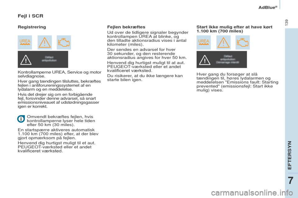 Peugeot Partner 2017 Instruktionsbog (in Danish) 139
Partner-2-VU_da_Chap07_Verification_ed02-2016
AdBlue®
Fejl i SCR
Kontrollamperne uReA, Service og motor
selvdiagnose.
Hver gang tændingen tilsluttes, bekræftes
fejlen i antiforureningssystem Peugeot Partner 2017 Instruktionsbog (in Danish) 139
Partner-2-VU_da_Chap07_Verification_ed02-2016
AdBlue®
Fejl i SCR
Kontrollamperne uReA, Service og motor
selvdiagnose.
Hver gang tændingen tilsluttes, bekræftes
fejlen i antiforureningssystem