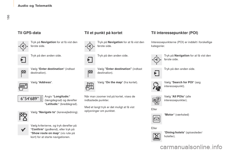 Peugeot Partner 2017 Instruktionsbog (in Danish) Audio og Telematik
186
Partner-2-Vu_da_Chap10a_SMegplus_ed02-2016
Til GPS- data
Vælg "Enter destination " (indtast
destination).
Vælg " Address ".
Angiv " Longitude: "
(længdegrad) og derefter
" Peugeot Partner 2017 Instruktionsbog (in Danish) Audio og Telematik
186
Partner-2-Vu_da_Chap10a_SMegplus_ed02-2016
Til GPS- data
Vælg "Enter destination " (indtast
destination).
Vælg " Address ".
Angiv " Longitude: "
(længdegrad) og derefter
"