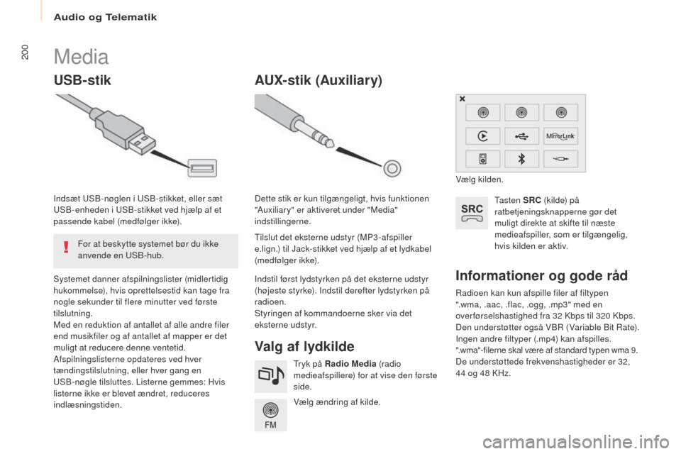 Peugeot Partner 2017 Instruktionsbog (in Danish) Audio og Telematik
200
Partner-2-Vu_da_Chap10a_SMegplus_ed02-2016
Radioen kan kun afspille filer af filtypen
".wma, .aac, .flac, .ogg, .mp3" med en
over førselshastighed fra 32 Kbps til 320 Kbps.
D Peugeot Partner 2017 Instruktionsbog (in Danish) Audio og Telematik
200
Partner-2-Vu_da_Chap10a_SMegplus_ed02-2016
Radioen kan kun afspille filer af filtypen
".wma, .aac, .flac, .ogg, .mp3" med en
over førselshastighed fra 32 Kbps til 320 Kbps.
D