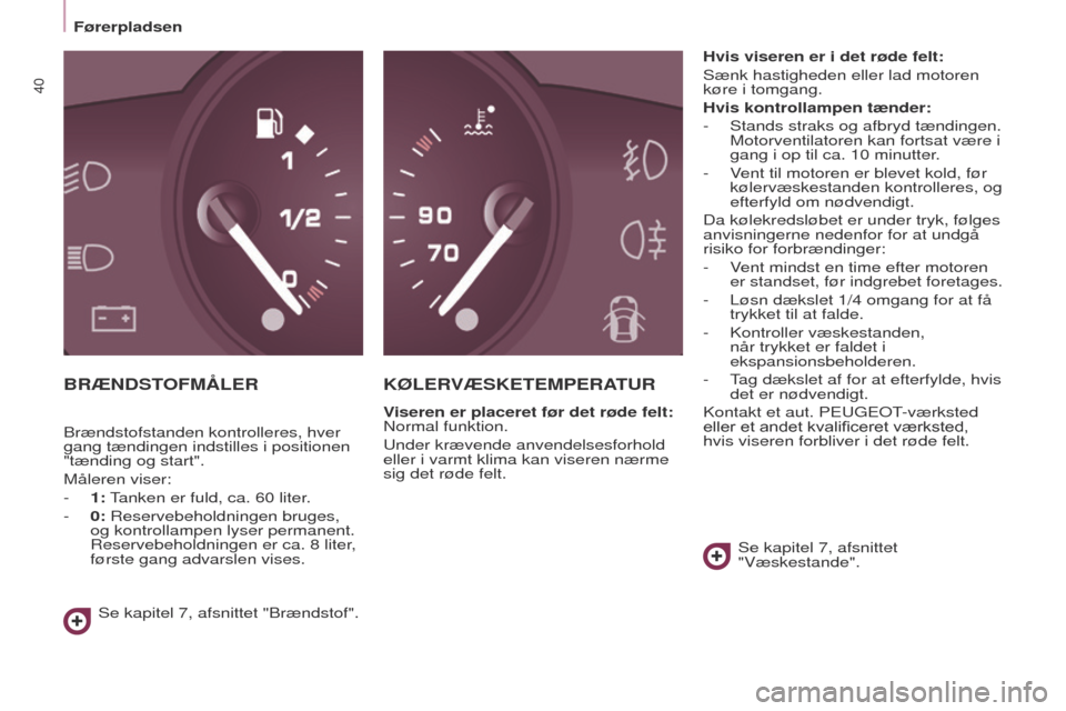 Peugeot Partner 2017  Instruktionsbog (in Danish) 40
Partner-2-Vu_da_Chap03_Pret-a-partir_ed02-2016
Førerpladsen
BRÆNDSTOFMÅLERKØLERVÆSKETEMPERATUR
Viseren er placeret før det røde felt: 
Normal funktion.
u

nder krævende anvendelsesforhold 
