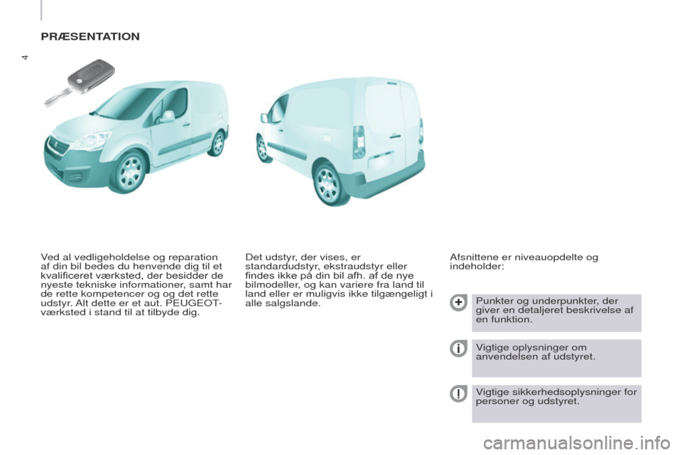 Peugeot Partner 2017  Instruktionsbog (in Danish) 4
Partner-2-Vu_da_Chap01_vue-ensemble_ed02-2016
PRÆSENTATION
Afsnittene er niveauopdelte og 
indeholder:Punkter og underpunkter, der 
giver en detaljeret beskrivelse af 
en funktion.
Vigtige oplysnin