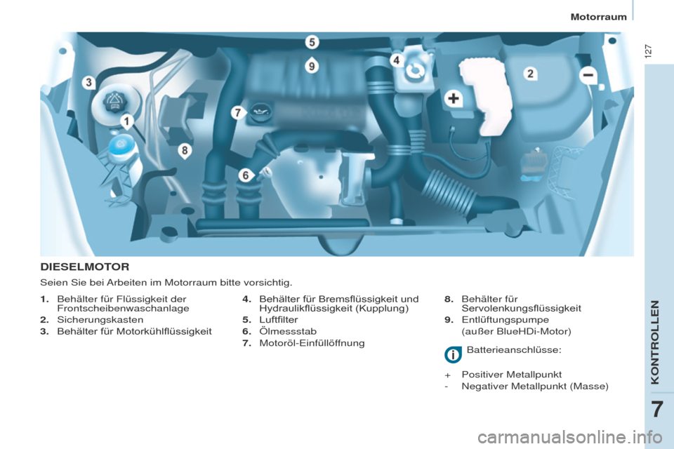 Peugeot Partner 2017  Betriebsanleitung (in German) 127
Partner-2-VU_de_Chap07_Verification_ed02-2016
DIESELMOTOR
4.	 Behälter	für	Bremsflüssigkeit	und	Hydraulikflüssigkeit	 (Kupplung)
5.	 Luftfilter
6.
 
Ölmessstab
7.

 
Motoröl-Einfüllöf
 fnu