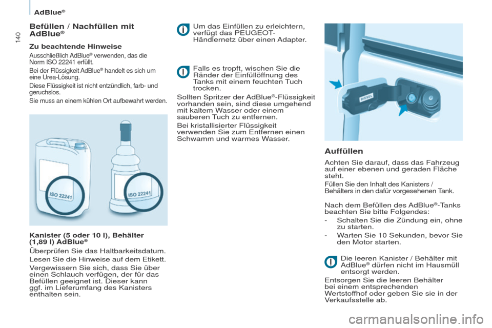 Peugeot Partner 2017 Betriebsanleitung (in German) 140
Partner-2-VU_de_Chap07_Verification_ed02-2016
AdBlue®
Befüllen / Nachfüllen mit
AdBlue®
Zu beachtende Hinweise
Ausschließlich AdBlue® verwenden, das die
Norm
ISO 22241 erfüllt.
Bei der Peugeot Partner 2017 Betriebsanleitung (in German) 140
Partner-2-VU_de_Chap07_Verification_ed02-2016
AdBlue®
Befüllen / Nachfüllen mit
AdBlue®
Zu beachtende Hinweise
Ausschließlich AdBlue® verwenden, das die
Norm
ISO 22241 erfüllt.
Bei der