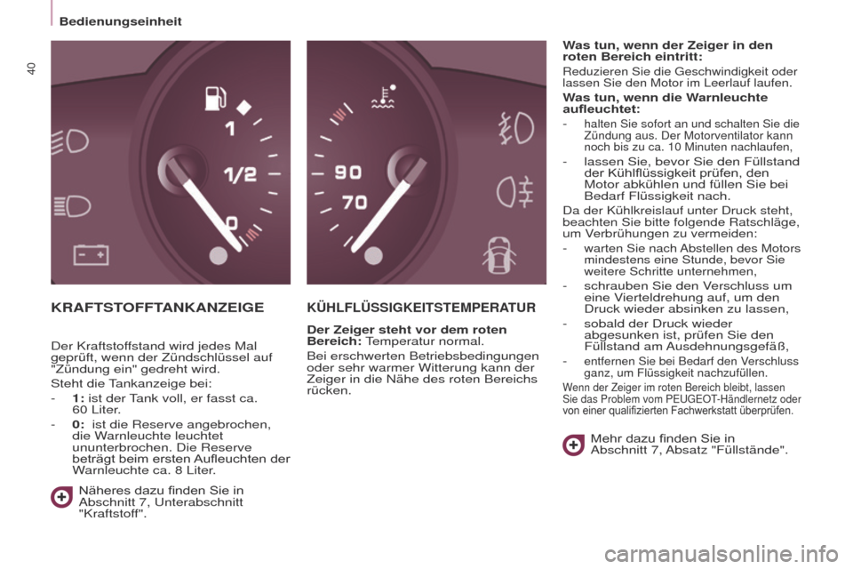 Peugeot Partner 2017 Betriebsanleitung (in German) 40
Partner-2-VU_de_Chap03_Pret-a-partir_ed02-2016
Bedienungseinheit
KRAFTSTOFFTANKANZEIGEKÜHLFLÜSSIGKEITSTEMPERATUR
Der Zeiger steht vor dem roten
Bereich: Temperatur normal.
Bei erschwerten Betrie Peugeot Partner 2017 Betriebsanleitung (in German) 40
Partner-2-VU_de_Chap03_Pret-a-partir_ed02-2016
Bedienungseinheit
KRAFTSTOFFTANKANZEIGEKÜHLFLÜSSIGKEITSTEMPERATUR
Der Zeiger steht vor dem roten
Bereich: Temperatur normal.
Bei erschwerten Betrie