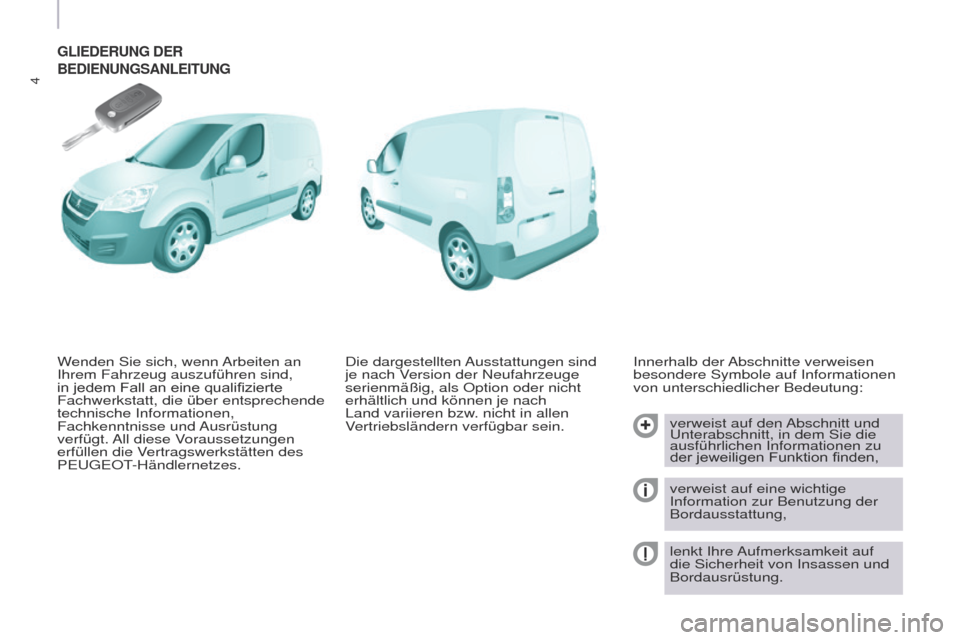 Peugeot Partner 2017  Betriebsanleitung (in German) 4
Partner-2-VU_de_Chap01_vue-ensemble_ed02-2016
GLIEDERUNG DER 
BEDIENUNGSANLEITUNG
Innerhalb der Abschnitte verweisen 
besondere Symbole auf Informationen 
von unterschiedlicher Bedeutung:verweist au