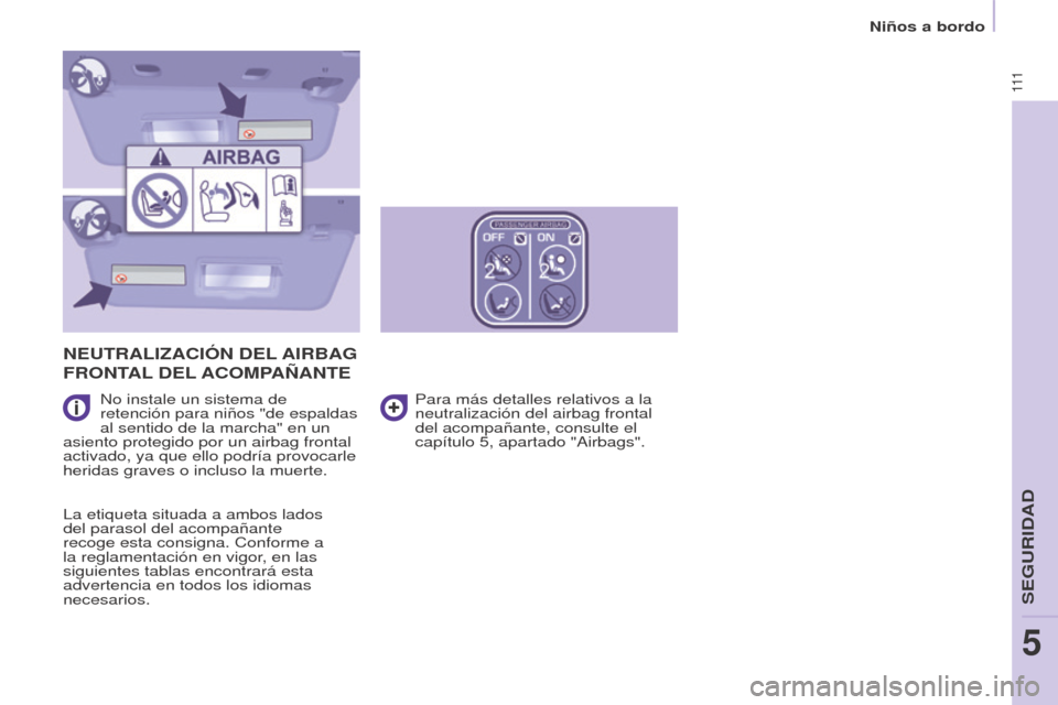 Peugeot Partner 2017 Manual del propietario (in Spanish) 111
Partner-2-VU_es_Chap05_Securite_ed02-2016
Niños a bordo
NEUTRALIzACIÓN DEL AIRBAG
FRONT
AL
DEL
ACOMPA ñ ANTE
No instale un sistema de
retención para niños "de espaldas
al sentido de l Peugeot Partner 2017 Manual del propietario (in Spanish) 111
Partner-2-VU_es_Chap05_Securite_ed02-2016
Niños a bordo
NEUTRALIzACIÓN DEL AIRBAG
FRONT
AL
DEL
ACOMPA ñ ANTE
No instale un sistema de
retención para niños "de espaldas
al sentido de l