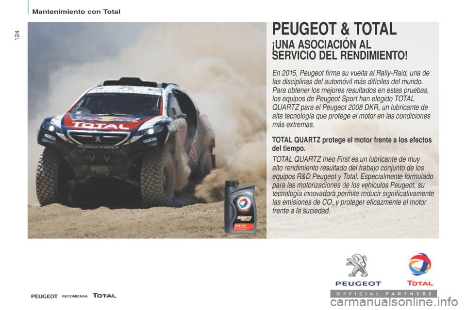 Peugeot Partner 2017  Manual del propietario (in Spanish) 124
Partner-2-VU_es_Chap07_Verification_ed02-2016
PEUGEOT & TOTAL
¡UNA ASOCIACIÓN AL 
SERVICIO DEL RENDIMIENTO!
En 2015, Peugeot firma su vuelta al Rally-Raid, una de 
las disciplinas del automóvil
