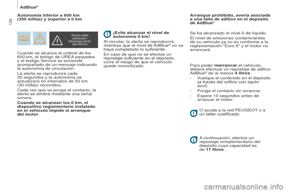Peugeot Partner 2017 Manual del propietario (in Spanish) 138
Partner-2-VU_es_Chap07_Verification_ed02-2016
AdBlue®
Cuando se alcanza el umbral de los
600 km, el testigo de UREA parpadea
y el testigo Service se enciende
acompañado de un mensaje indican Peugeot Partner 2017 Manual del propietario (in Spanish) 138
Partner-2-VU_es_Chap07_Verification_ed02-2016
AdBlue®
Cuando se alcanza el umbral de los
600 km, el testigo de UREA parpadea
y el testigo Service se enciende
acompañado de un mensaje indican