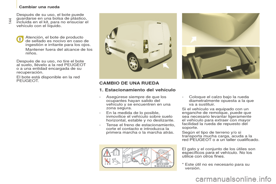 Peugeot Partner 2017  Manual del propietario (in Spanish) 144
Partner-2-VU_es_Chap08_Aide-rapide_ed02-2016
1. Estacionamiento del vehículo
- Asegúrese siempre de que los 
ocupantes hayan salido del 
vehículo y se encuentren en una 
zona segura.
-
 
En la 