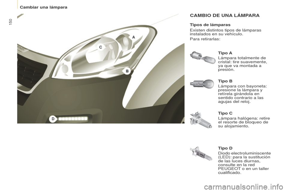 Peugeot Partner 2017  Manual del propietario (in Spanish) 150
Partner-2-VU_es_Chap08_Aide-rapide_ed02-2016
CAMBIO DE UNA LÁMPARA
Tipo B
Lámpara con bayoneta: 
presione la lámpara y 
retírela girándola en 
sentido contrario a las 
agujas del reloj. Tipo 