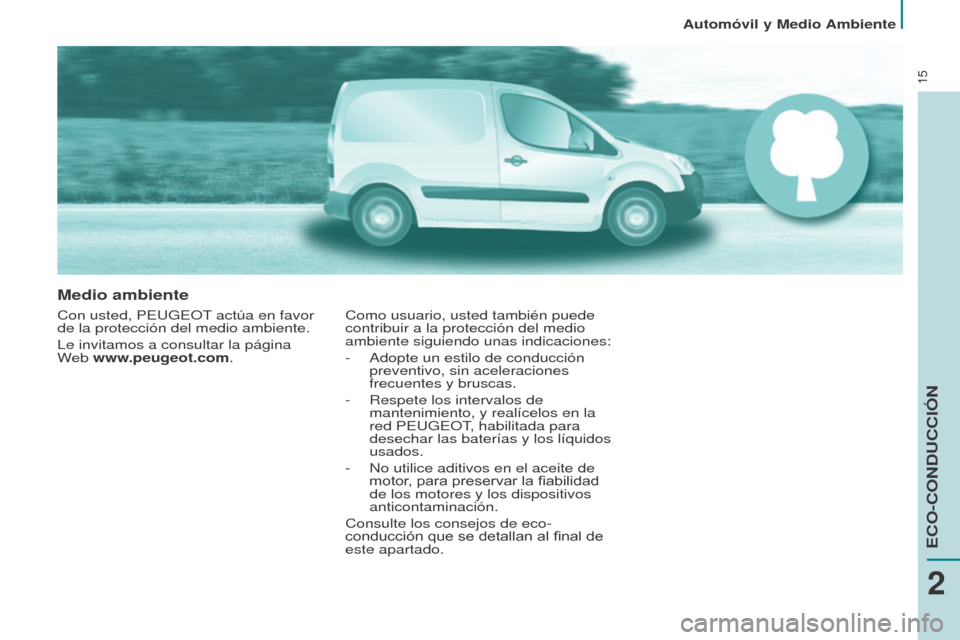 Peugeot Partner 2017  Manual del propietario (in Spanish) 15
Automóvil y Medio Ambiente
Partner-2-VU_es_Chap02_eco-conduite_ed02-2016
Medio ambiente
Con usted, PEUGEOT actúa en favor 
de la protección del medio ambiente.
Le invitamos a consultar la págin