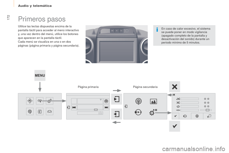 Peugeot Partner 2017 Manual del propietario (in Spanish) Audio y telemática
172
Partner-2-VU_es_Chap10a_SMEGplus_ed02-2016
Primeros pasos
Utilice las teclas dispuestas encima de la
pantalla táctil para acceder al menú interactivo
y, una vez dentro del Peugeot Partner 2017 Manual del propietario (in Spanish) Audio y telemática
172
Partner-2-VU_es_Chap10a_SMEGplus_ed02-2016
Primeros pasos
Utilice las teclas dispuestas encima de la
pantalla táctil para acceder al menú interactivo
y, una vez dentro del