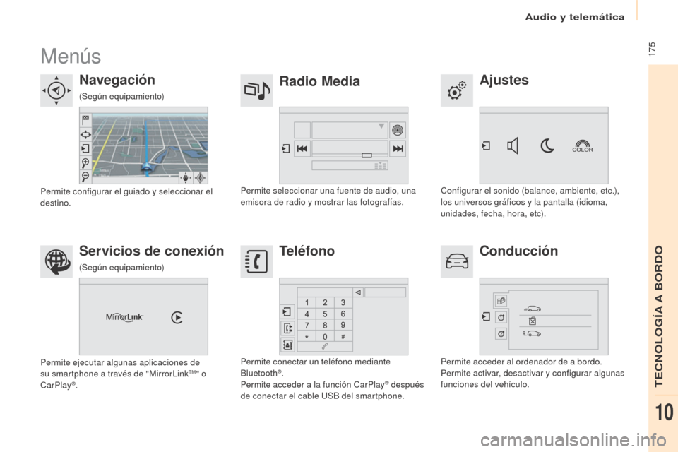 Peugeot Partner 2017  Manual del propietario (in Spanish) Audio y telemática
 175
Partner-2-VU_es_Chap10a_SMEGplus_ed02-2016
Menús
Ajustes
Radio Media
Navegación
Conducción
Servicios de conexión Teléfono
Configurar el sonido (balance, ambiente, etc.), 