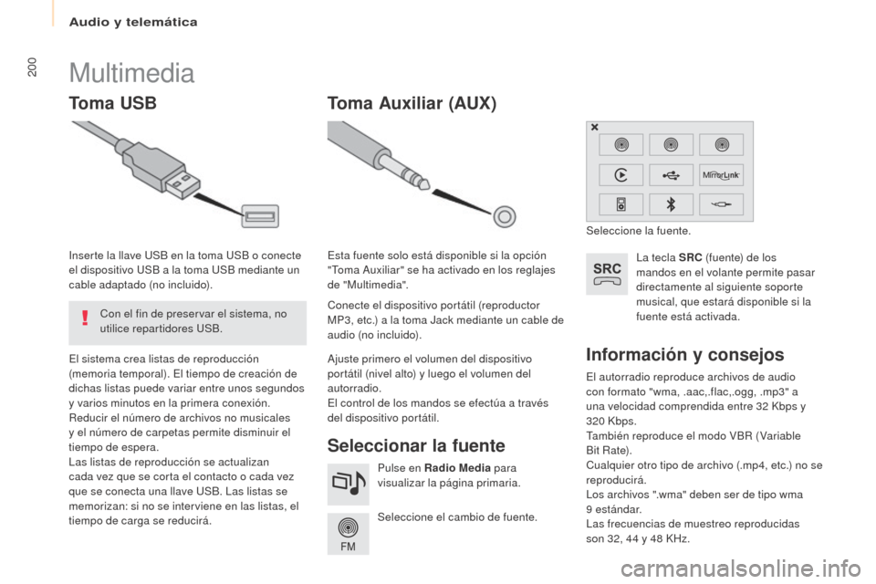 Peugeot Partner 2017  Manual del propietario (in Spanish) Audio y telemática
200
Partner-2-VU_es_Chap10a_SMEGplus_ed02-2016
El autorradio reproduce archivos de audio 
con formato "wma, .aac,.flac,.ogg, .mp3" a 
una velocidad comprendida entre 32  Kbps y 
32