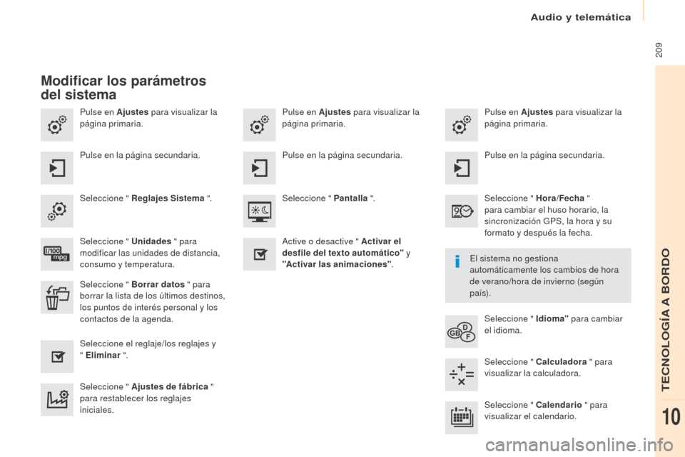 Peugeot Partner 2017  Manual del propietario (in Spanish) Audio y telemática
 209
Partner-2-VU_es_Chap10a_SMEGplus_ed02-2016
Pulse en Ajustes para visualizar la 
página primaria. Pulse en Ajustes
 para visualizar la 
página primaria.
Pulse en Ajustes
 par