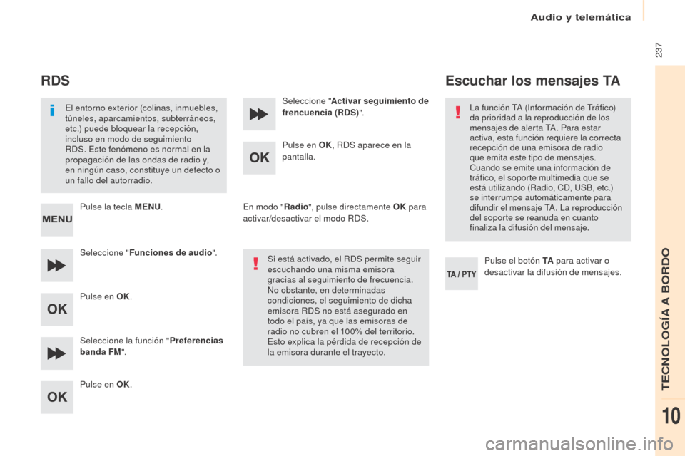 Peugeot Partner 2017  Manual del propietario (in Spanish) Audio y telemática
 237
Partner-2-VU_es_Chap10b_RD45_ed02-2016
RDS
El entorno exterior (colinas, inmuebles, 
túneles, aparcamientos, subterráneos, 
etc.) puede bloquear la recepción, 
incluso en m
