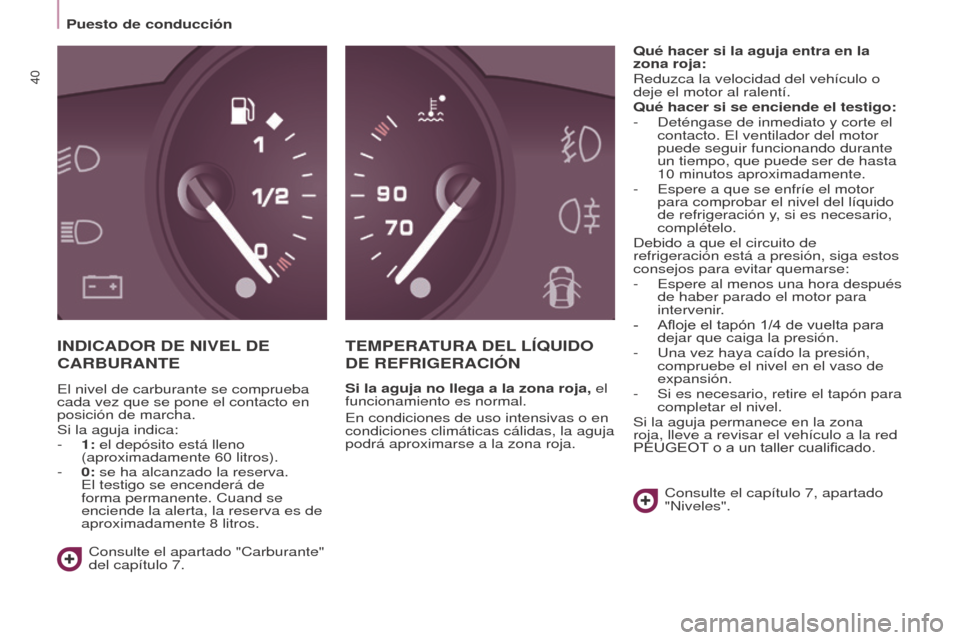 Peugeot Partner 2017 Manual del propietario (in Spanish) 40
Partner-2-VU_es_Chap03_Pret-a-partir_ed02-2016
Puesto de conducción
INDICADOR DE NIVEL DE
CARBURANTE
T EMPERATURA DEL LÍ q UIDO
DE
REFRIGERACIÓN
Si la aguja no llega a la zona roja, el Peugeot Partner 2017 Manual del propietario (in Spanish) 40
Partner-2-VU_es_Chap03_Pret-a-partir_ed02-2016
Puesto de conducción
INDICADOR DE NIVEL DE
CARBURANTE
T EMPERATURA DEL LÍ q UIDO
DE
REFRIGERACIÓN
Si la aguja no llega a la zona roja, el