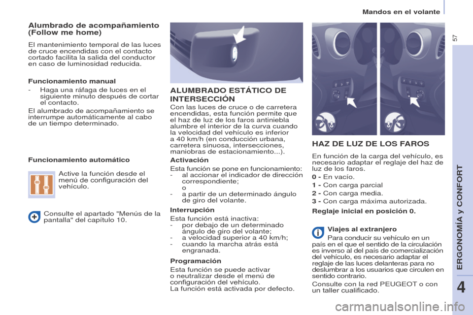 Peugeot Partner 2017 Manual del propietario (in Spanish) 57
Mandos en el volante
Partner-2-VU_es_Chap04_Ergonomie_ed02-2016
Alumbrado de acompañamiento
(Follow me home)
El mantenimiento temporal de las luces
de cruce encendidas con el contacto
cortado f Peugeot Partner 2017 Manual del propietario (in Spanish) 57
Mandos en el volante
Partner-2-VU_es_Chap04_Ergonomie_ed02-2016
Alumbrado de acompañamiento
(Follow me home)
El mantenimiento temporal de las luces
de cruce encendidas con el contacto
cortado f