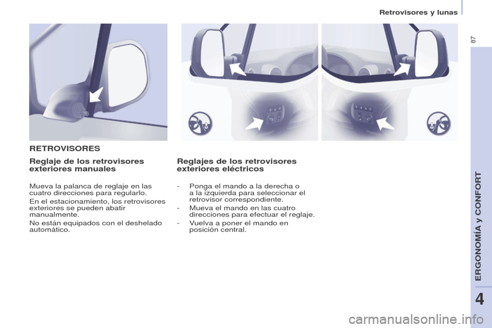 Peugeot Partner 2017 Manual del propietario (in Spanish) 87
Partner-2-VU_es_Chap04_Ergonomie_ed02-2016
Retrovisores y lunas
Reglajes de los retrovisores
exteriores eléctricos
R
ETROVISORESReglaje de los retrovisores
exteriores manuales
Mueva la palanca d Peugeot Partner 2017 Manual del propietario (in Spanish) 87
Partner-2-VU_es_Chap04_Ergonomie_ed02-2016
Retrovisores y lunas
Reglajes de los retrovisores
exteriores eléctricos
R
ETROVISORESReglaje de los retrovisores
exteriores manuales
Mueva la palanca d