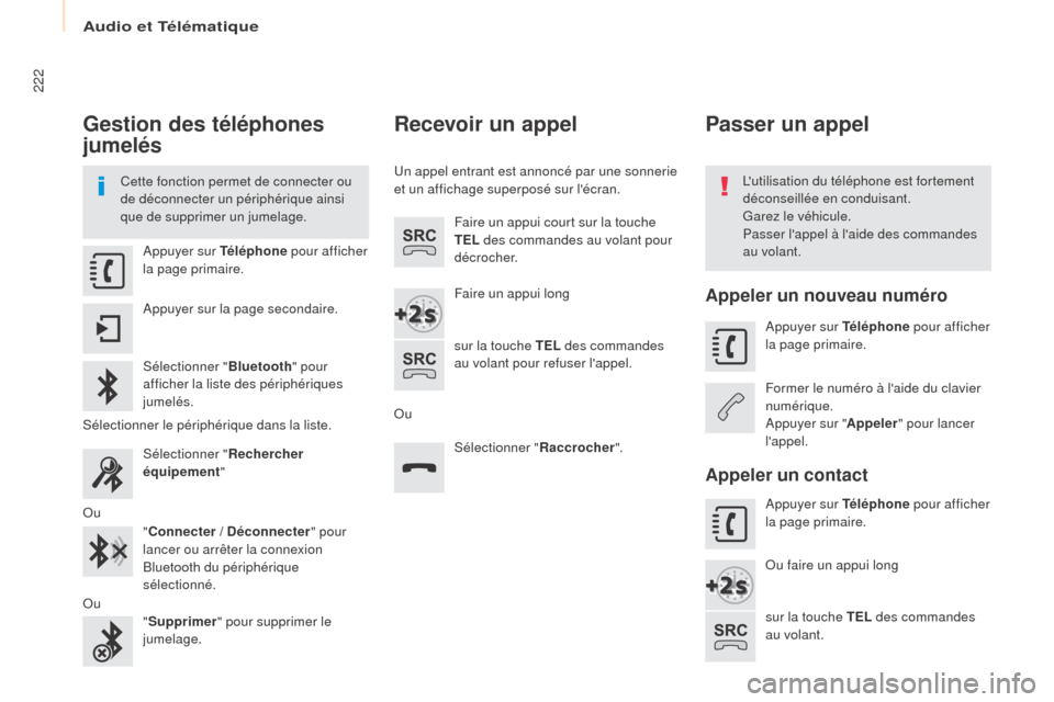 Peugeot Partner 2017 Manuel du propriétaire (in French) Audio et Télématique
222
Gestion des téléphones
jumelés
Cette fonction permet de connecter ou
de déconnecter un périphérique ainsi
que de supprimer un jumelage.Lutilisation du téléphone Peugeot Partner 2017 Manuel du propriétaire (in French) Audio et Télématique
222
Gestion des téléphones
jumelés
Cette fonction permet de connecter ou
de déconnecter un périphérique ainsi
que de supprimer un jumelage.Lutilisation du téléphone