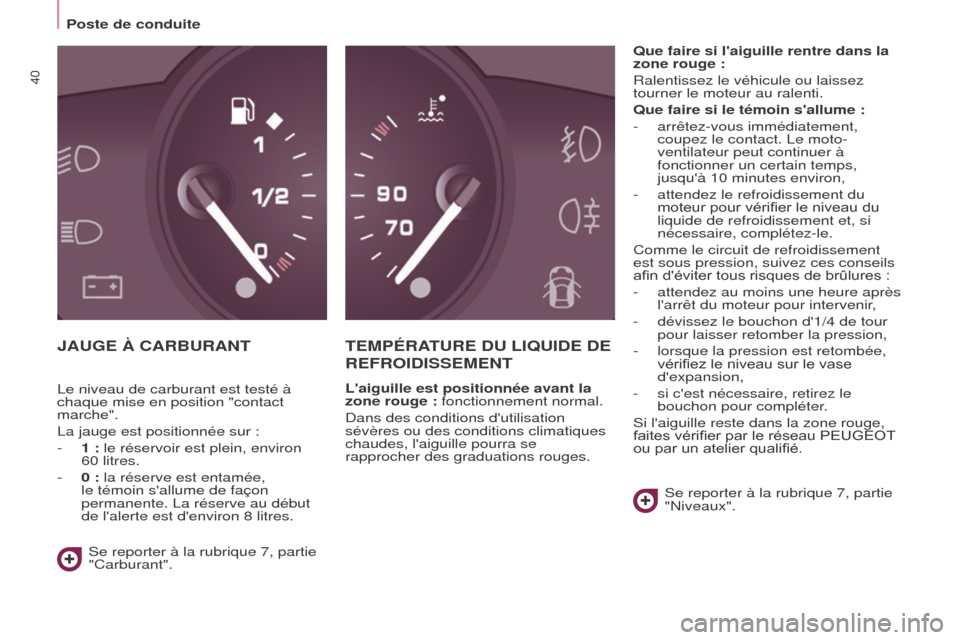 Peugeot Partner 2017 Manuel du propriétaire (in French) 40
Poste de conduite
JAUGE à CARBURANTTEMPÉRATURE DU LIQUIDE DE
REFROIDISSEMENT
Laiguille est positionnée avant la
zone rouge : fonctionnement normal.
Dans des conditions dutilisation
s Peugeot Partner 2017 Manuel du propriétaire (in French) 40
Poste de conduite
JAUGE à CARBURANTTEMPÉRATURE DU LIQUIDE DE
REFROIDISSEMENT
Laiguille est positionnée avant la
zone rouge : fonctionnement normal.
Dans des conditions dutilisation
s