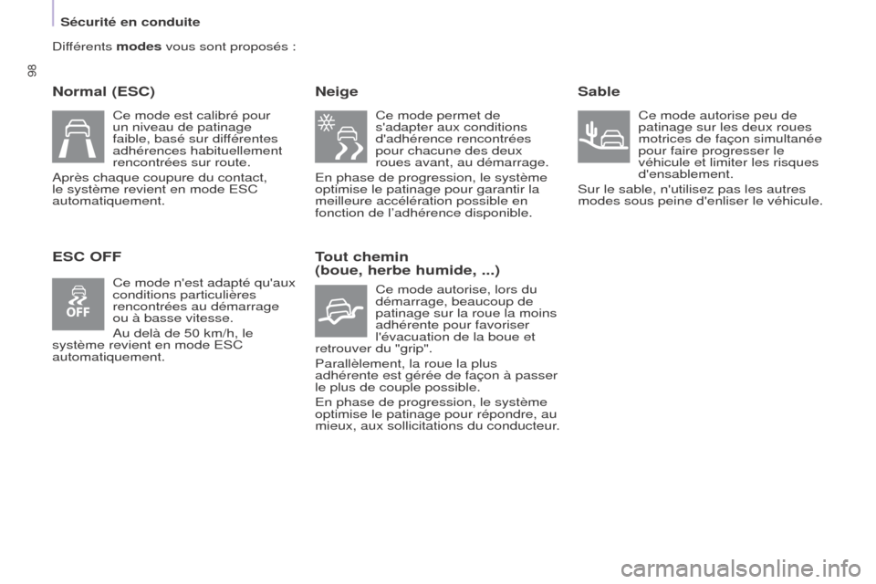 Peugeot Partner 2017  Manuel du propriétaire (in French) 98
Sécurité en conduite
Différents modes vous sont proposés :
Normal (ESC)
ESC OFF Neige
Ce mode permet de 
sadapter aux conditions 
dadhérence rencontrées 
pour chacune des deux 
roues avant,