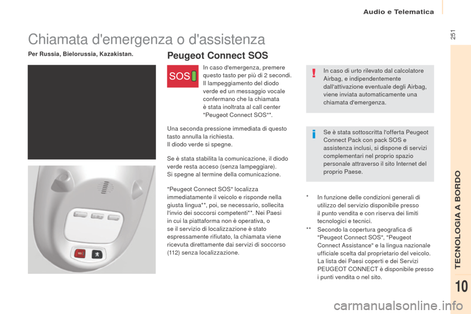 Peugeot Partner 2017 Manuale del proprietario (in Italian) Audio e Telematica
251
Partner-2-VU_it_Chap10c_BTA-3R_ed02-2016
Peugeot Connect SOSPer Russia, Bielorussia, Kazakistan.In caso di urto rilevato dal calcolatore
Airbag, e indipendentemente
dallatti Peugeot Partner 2017 Manuale del proprietario (in Italian) Audio e Telematica
251
Partner-2-VU_it_Chap10c_BTA-3R_ed02-2016
Peugeot Connect SOSPer Russia, Bielorussia, Kazakistan.In caso di urto rilevato dal calcolatore
Airbag, e indipendentemente
dallatti