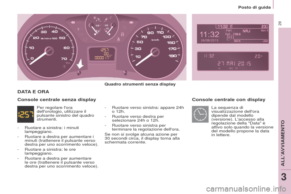 Peugeot Partner 2017  Manuale del proprietario (in Italian) 29
Partner-2-VU_it_Chap03_Pret-a-partir_ed02-2016
Posto di guida
Console centrale con display
Quadro strumenti senza display-  
Ruotare verso sinistra: appare 24h 
o 12h.
-

 
Ruotare verso destra per