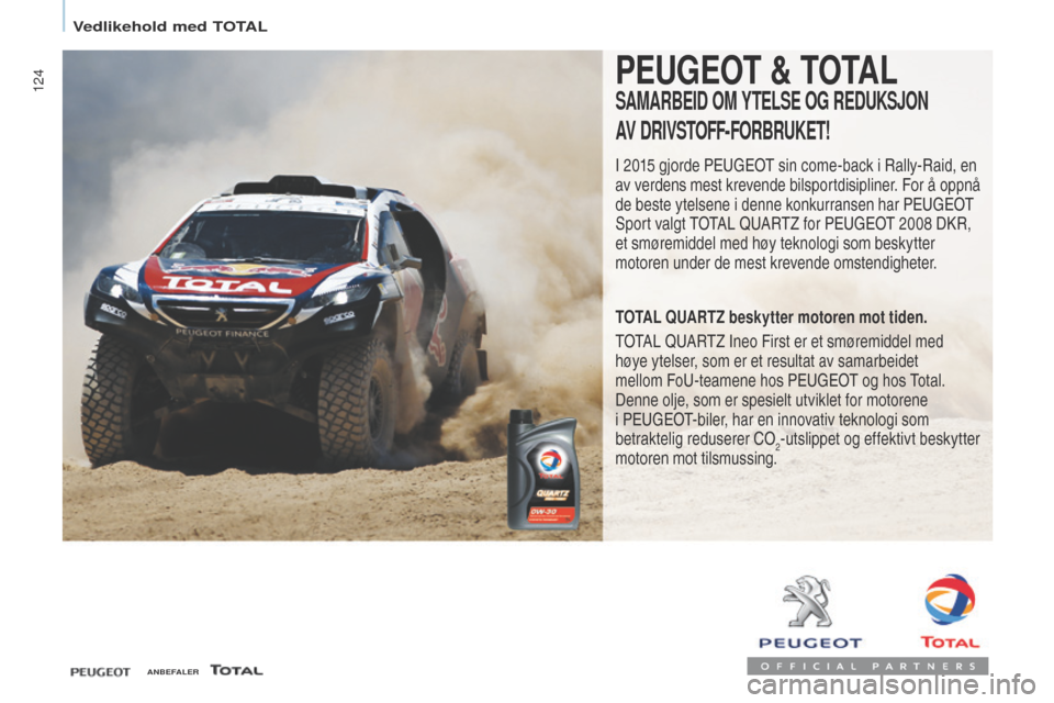 Peugeot Partner 2017 Brukerhåndbok (in Norwegian) 124
Partner-2-VU_no_Chap07_Verification_ed02-2016
PEUGEOT & TOTAL
SAMARBEID OM yTELSE OG REDUKSJON
AV DRIVSTOFF- FORBRUKET!
I 2015 gjorde Peugeot sin come-back i Rally-Raid, en
av verdens mest krev Peugeot Partner 2017 Brukerhåndbok (in Norwegian) 124
Partner-2-VU_no_Chap07_Verification_ed02-2016
PEUGEOT & TOTAL
SAMARBEID OM yTELSE OG REDUKSJON
AV DRIVSTOFF- FORBRUKET!
I 2015 gjorde Peugeot sin come-back i Rally-Raid, en
av verdens mest krev