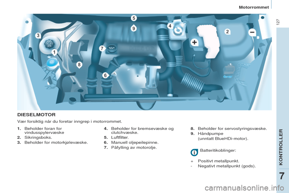 Peugeot Partner 2017 Brukerhåndbok (in Norwegian) 127
Partner-2-VU_no_Chap07_Verification_ed02-2016
DIESELMOTOR
4. Beholder for bremsevæske og
clutchvæske.
5.
Luftfilter
.
6.
Manuell oljepeilepinne.
7.
Påfyllin
g av motorolje. 8.
Behold Peugeot Partner 2017 Brukerhåndbok (in Norwegian) 127
Partner-2-VU_no_Chap07_Verification_ed02-2016
DIESELMOTOR
4. Beholder for bremsevæske og
clutchvæske.
5.
Luftfilter
.
6.
Manuell oljepeilepinne.
7.
Påfyllin
g av motorolje. 8.
Behold