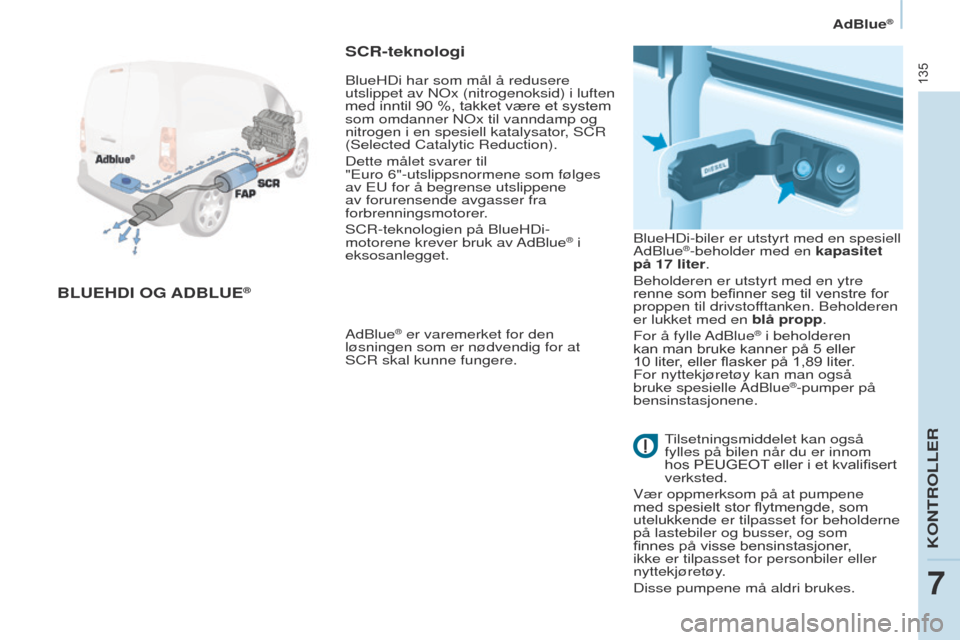 Peugeot Partner 2017 Brukerhåndbok (in Norwegian) 135
Partner-2-VU_no_Chap07_Verification_ed02-2016
AdBlue®
BLUEHDI OG A D B LUE®
SCR-teknologi
AdBlue® er varemerket for den
løsningen som er nødvendig for at
SCR skal kunne fungere. BlueHDi-bil Peugeot Partner 2017 Brukerhåndbok (in Norwegian) 135
Partner-2-VU_no_Chap07_Verification_ed02-2016
AdBlue®
BLUEHDI OG A D B LUE®
SCR-teknologi
AdBlue® er varemerket for den
løsningen som er nødvendig for at
SCR skal kunne fungere. BlueHDi-bil